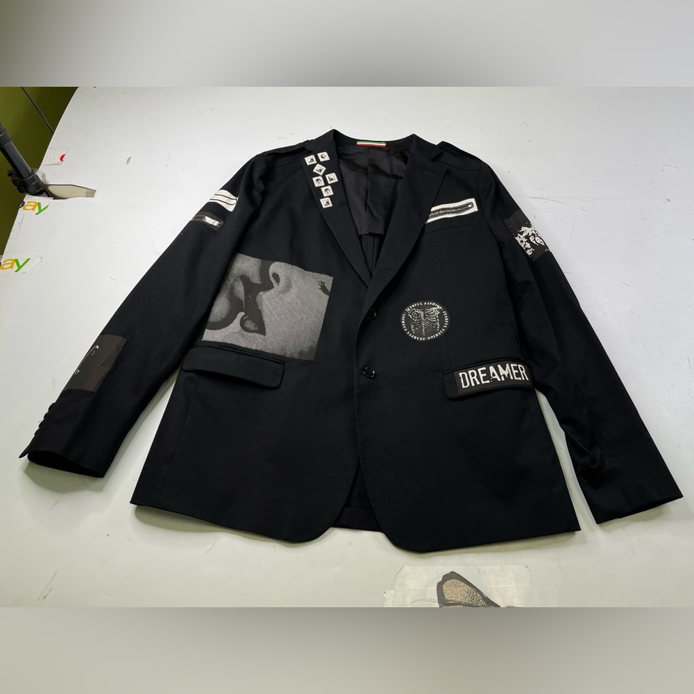 Moschino mens blazer jacket patchwork mix media black cotton size 52R